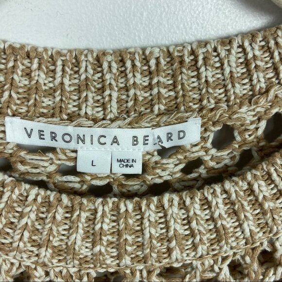 NEW Veronica Beard Crochet Knit Beige Tan Short‎ Sleeve Sweater Top Size Large L - Picture 4 of 12